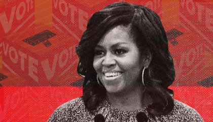 Michelle Obama over a red background with the word vote embedded 