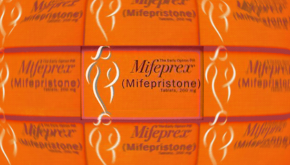 Nine boxes of Mifeprex are shown in a three by three grid