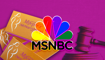 Boxes of mifepristone and a court gavel are shown behind the MSNBC logo
