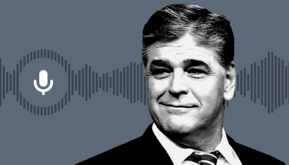 Sean Hannity in black and white with sound waves in the background and a microphone symbol