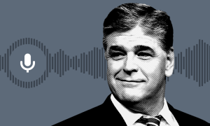 Black and white image of radio host Sean Hannity