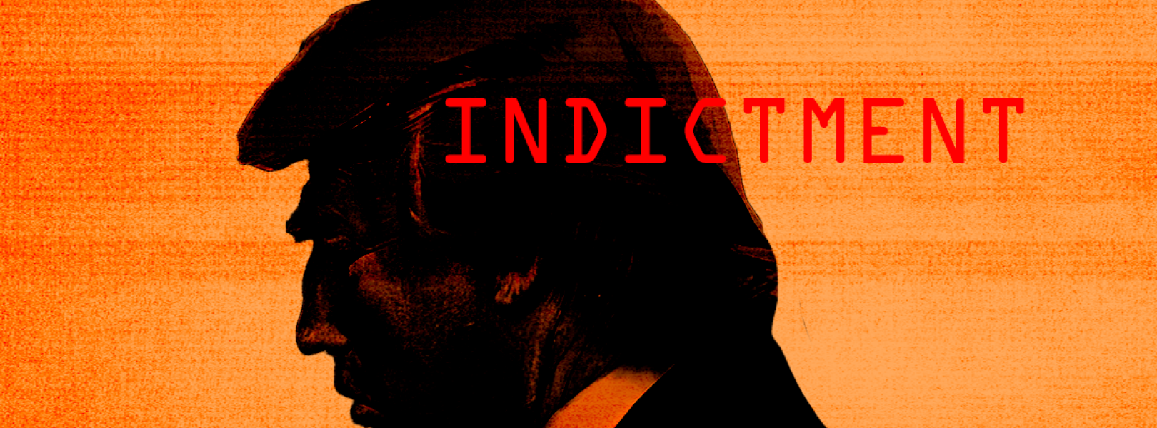 Outline of Trump's profile against an orange background with the word "indictment"