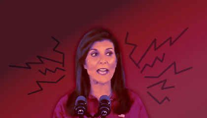 A red-tinted image of former U.N. Ambassador Nikki Haley speaking, with jagged black lines around her head