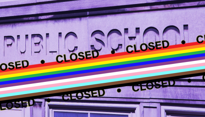 public school image with rainbow flag across closing sign 