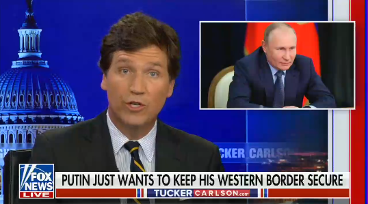 Tucker Carlson host Tucker Carlson tonight, the chyron reads 'Putin just wants to keep his western border secure" 