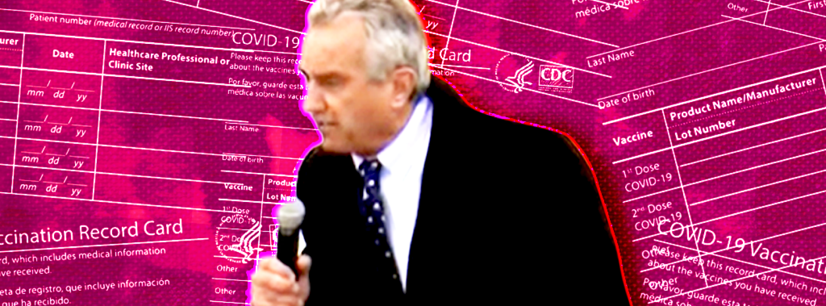 Rfk Jr infront of a fiducia background with images of ballots