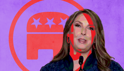 Ronna McDaniel offset to the right with a background GOP elephant logo partially superimposed over her face, against a purple background