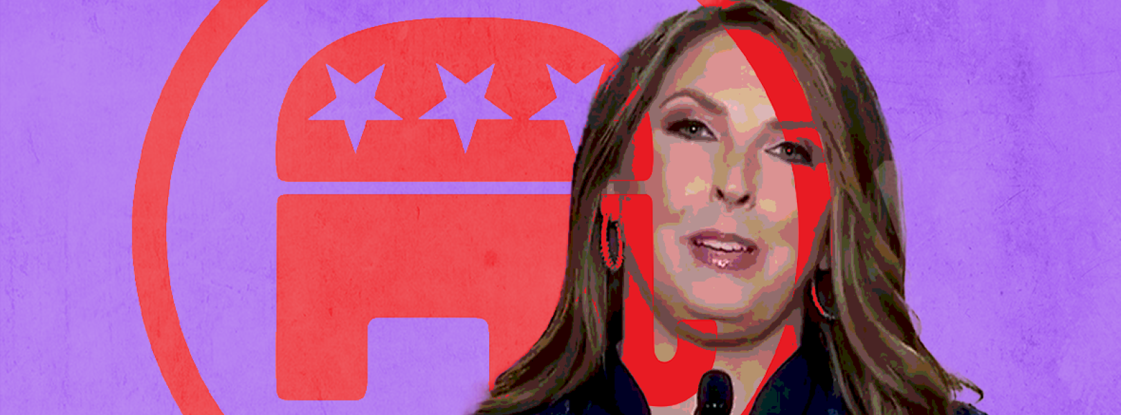 Ronna McDaniel offset to the right with a background GOP elephant logo partially superimposed over her face, against a purple background