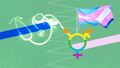 A stethoscope in white, a trans symbol in rainbow and a trans pride flag on a pale green field with a blue bar under the stethoscope and a pink one under the trans symbol