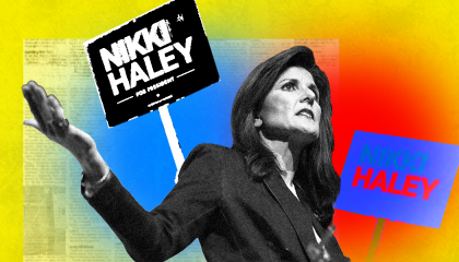 A black and white image of Nikki Haley with campaign signs and primary colors photoshopped in 