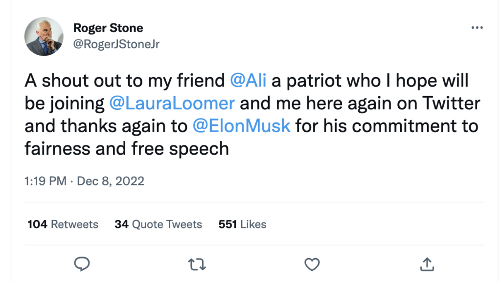 screenshot of Stone's tweet