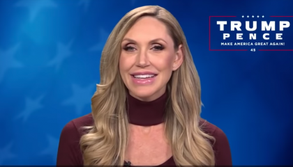 A screenshot of Lara Trump hosting her YouTube series with the Trump-Pence campaign logo in the corner