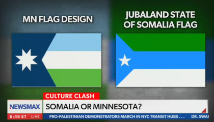 A screenshot from Newsmax showing a side-by-side comparison of a finalist redesign of the Minnesota state flag with the Jubaland state flag in Somalia