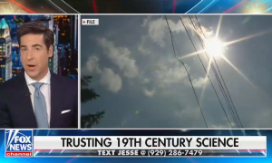 Fox News' Jesse Watters with a picture of the sun with the chyron: "Trusting 19th century science"