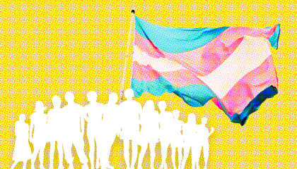 A white outline of a small crowd, with a large transgender pride flag above it, against a yellow background