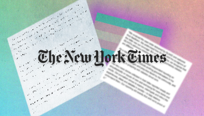 The New York Times logo over blurred text