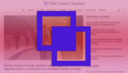 The Center Square logo, two interlocking blue squares, over a red background overlaid on top of the front page of Center Square's website
