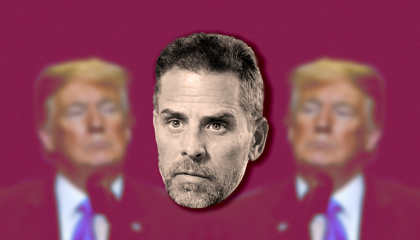 An image of Hunter Biden's face with two out-of-focus images of Donald Trump's face on both sides, on a maroon background