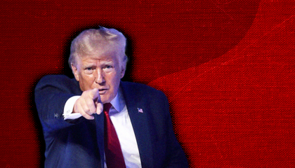Former president Donald Trump pointing at the camera, offset from center against a grainy red background