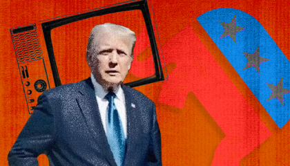 An image of former President DOnald Trump photoshopped in front of an off-kilter TV and Republican Party elephant logo, against a stark red background