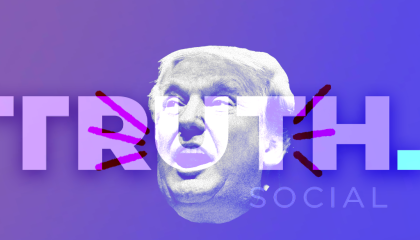 Trump's face over the Truth Social logo