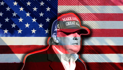 Former president Donald Trump in a red MAGA hat, superimposed over a U.S. flag, with the red stripes continuing across his face