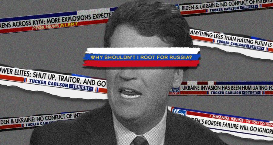 Tucker Carlson over a grey background featuring chyrons aired in his coverage of Ukraine, a stripe with the colors of the russian flag covers his eyes with the text of his infamous "why shouldn't I root for Russia" quote